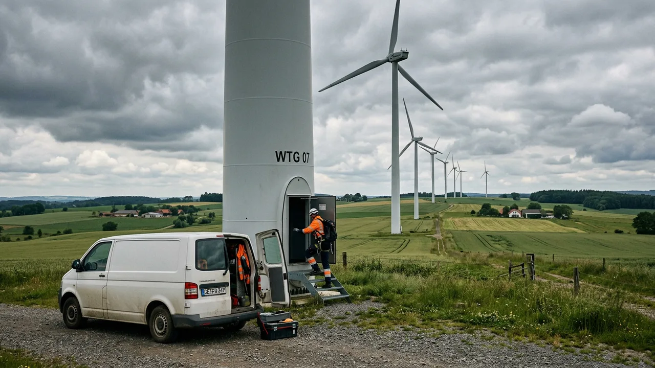 Ein Techniker steigt am Fuß eines Windrads in einer Hügellandschaft in den Turm ein, ein Servicewagen steht daneben.