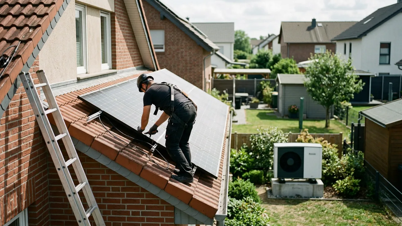 Ein Handwerker montiert Solarpanele auf einem Hausdach, im Nachbargarten steht eine Wärmepumpe.