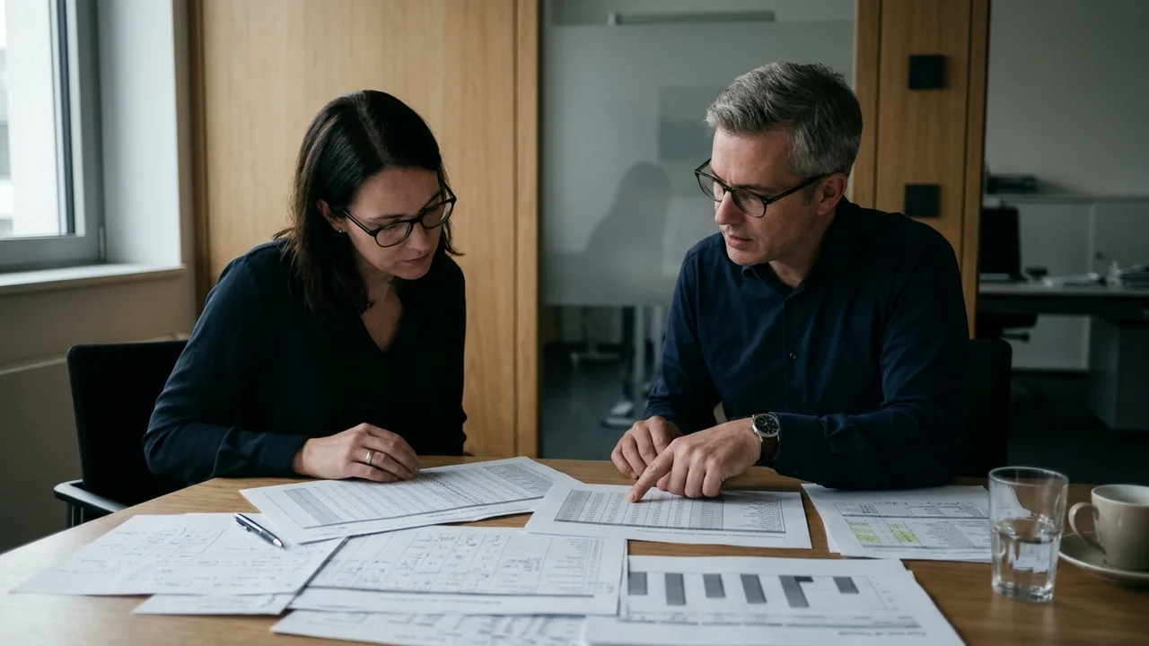 Personalverantwortliche sitzen an einem Besprechungstisch und werten Gehaltsstatistiken auf Papierunterlagen aus.