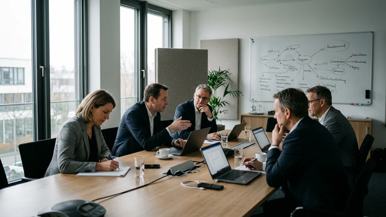 Führungsteam eines Unternehmens berät in einem Konferenzraum anhand von Notizen und einem Whiteboard über eine anstehende Entscheidung