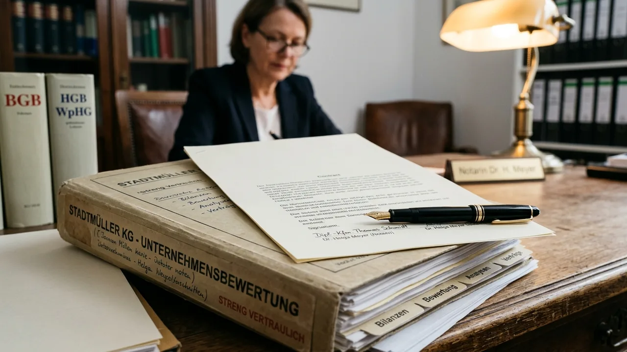 Auf einem Notartisch liegt eine Akte mit Unterlagen zur Unternehmensbewertung.