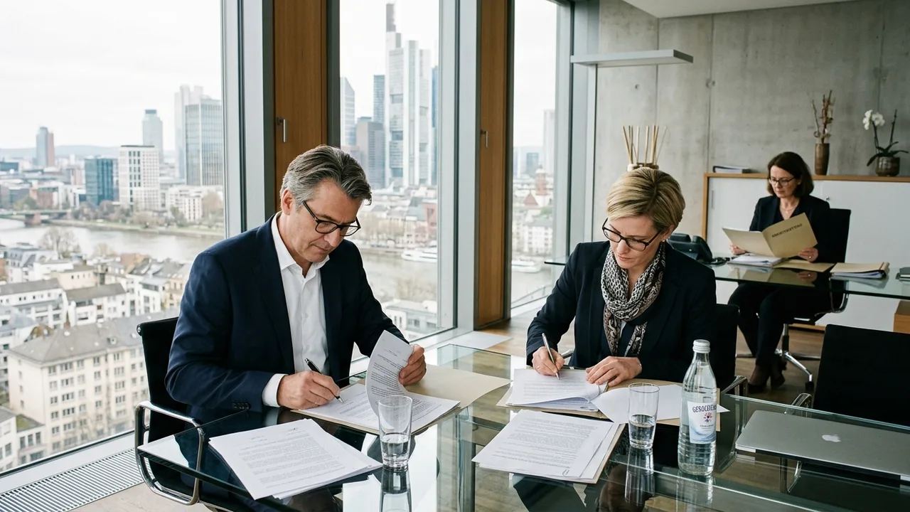 Zwei Vertragsparteien unterzeichnen Dokumente an einem Glastisch, im Hintergrund ein Bankvertreter mit Unterlagen.