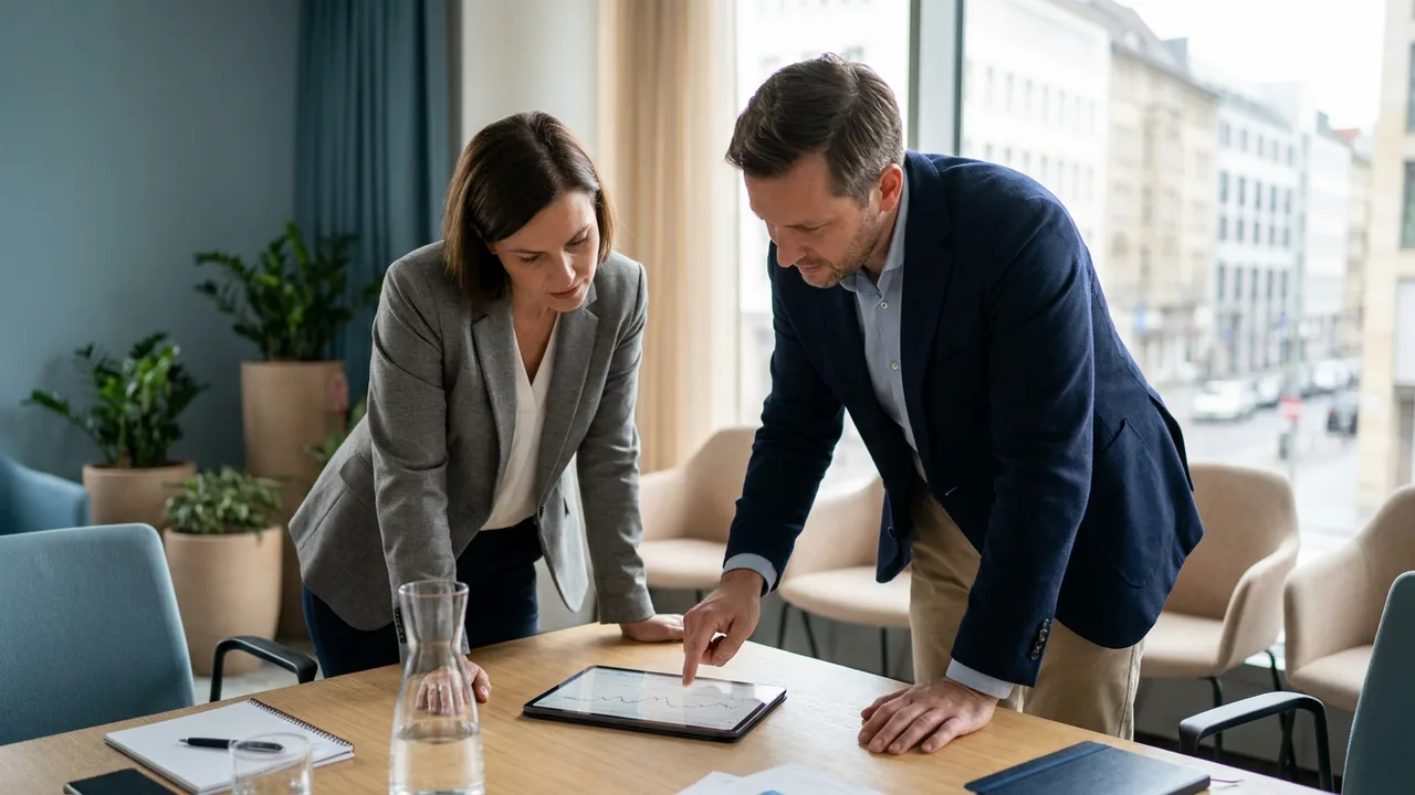 Ein Berater und ein Unternehmer besprechen Wachstumszahlen auf einem Tablet.
