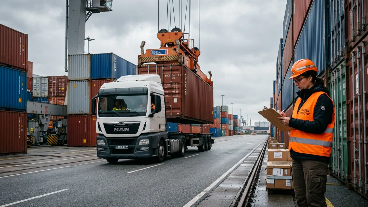 Ein Kran verlädt einen Container im Hafen, während ein Logistikmitarbeiter eine Liste prüft.