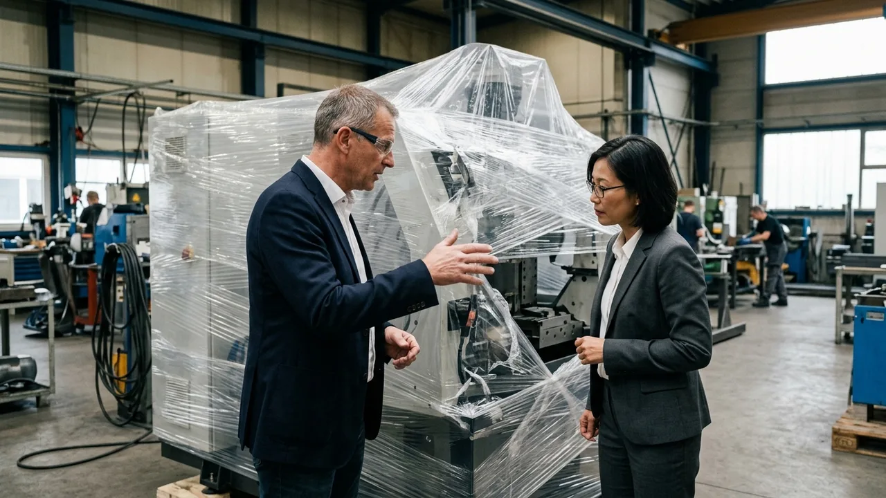Produktionsleiter und Geschäftspartner begutachten eine verpackte Maschine vor dem Export.
