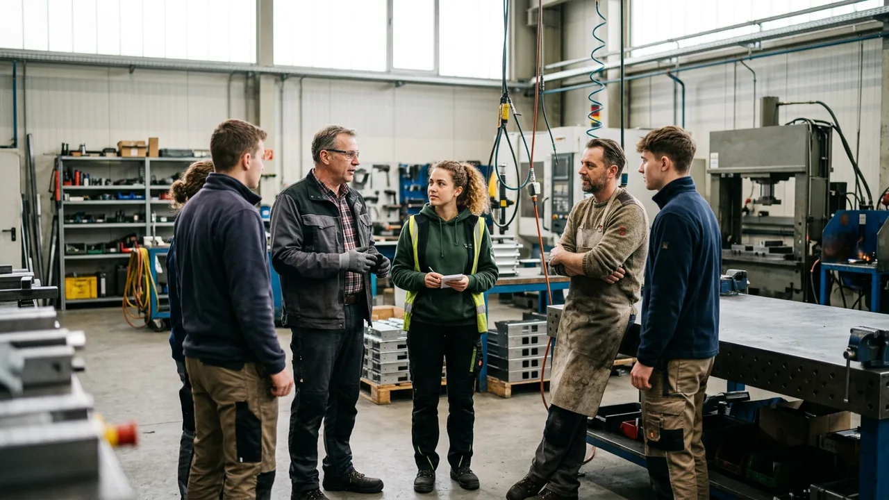 Mitarbeitende eines mittelständischen Betriebs besprechen sich in lockerer Runde in einer modernen Produktionshalle.