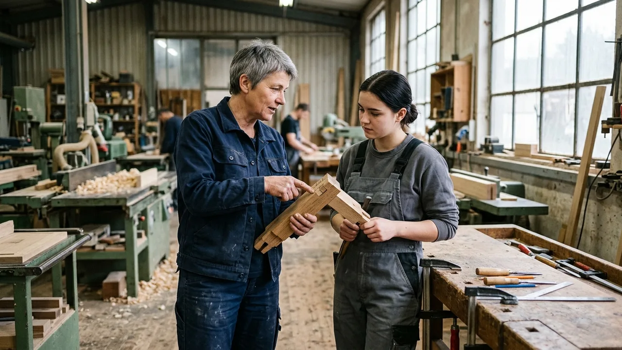 Handwerksmeisterin bespricht mit einer jungen Auszubildenden ein Werkstück in einer hellen Werkstatt.
