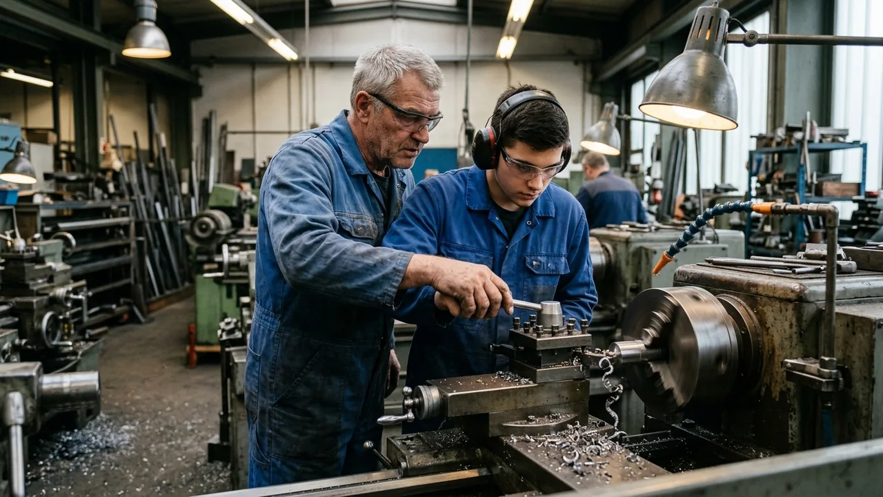 Ausbilder zeigt einem jungen Auszubildenden die Arbeit an einer Drehmaschine in der Werkstatt.