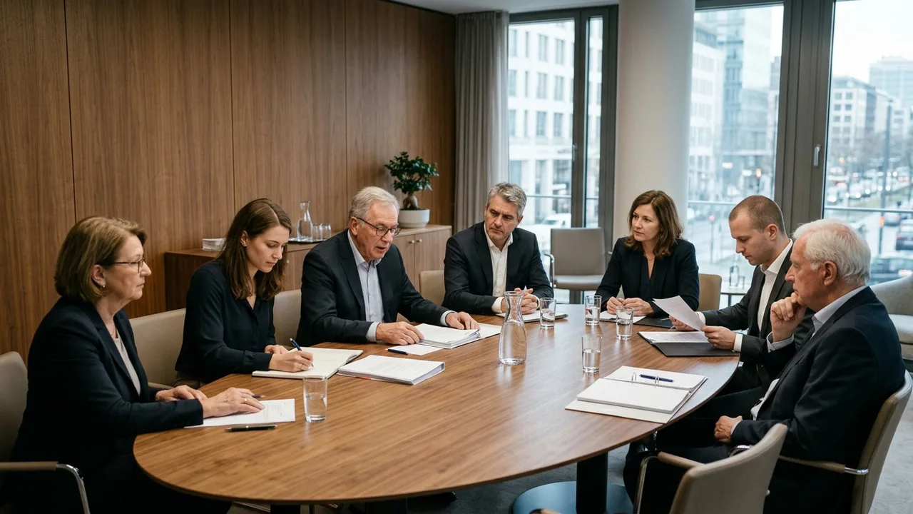 Beiratssitzung in einem Familienunternehmen mit externen und familiären Mitgliedern an einem Konferenztisch