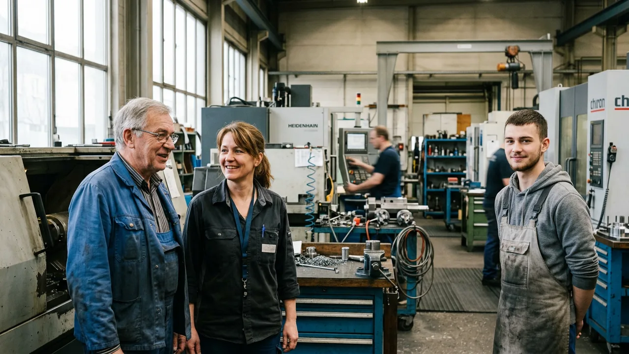 Drei Generationen einer Unternehmerfamilie stehen gemeinsam in einer Fabrikhalle.