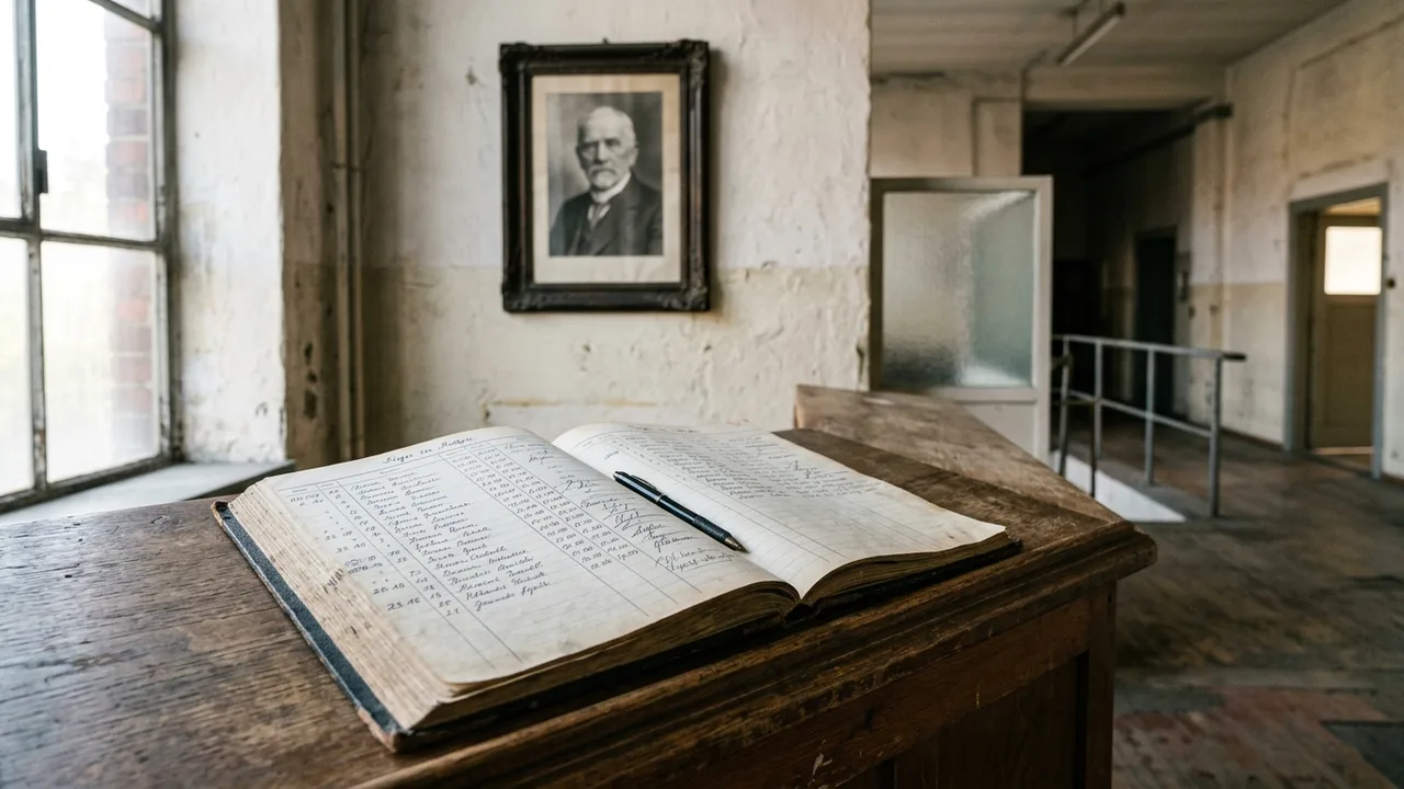 Ein altes Gästebuch und ein gerahmtes Foto des Firmengründers an der Wand.