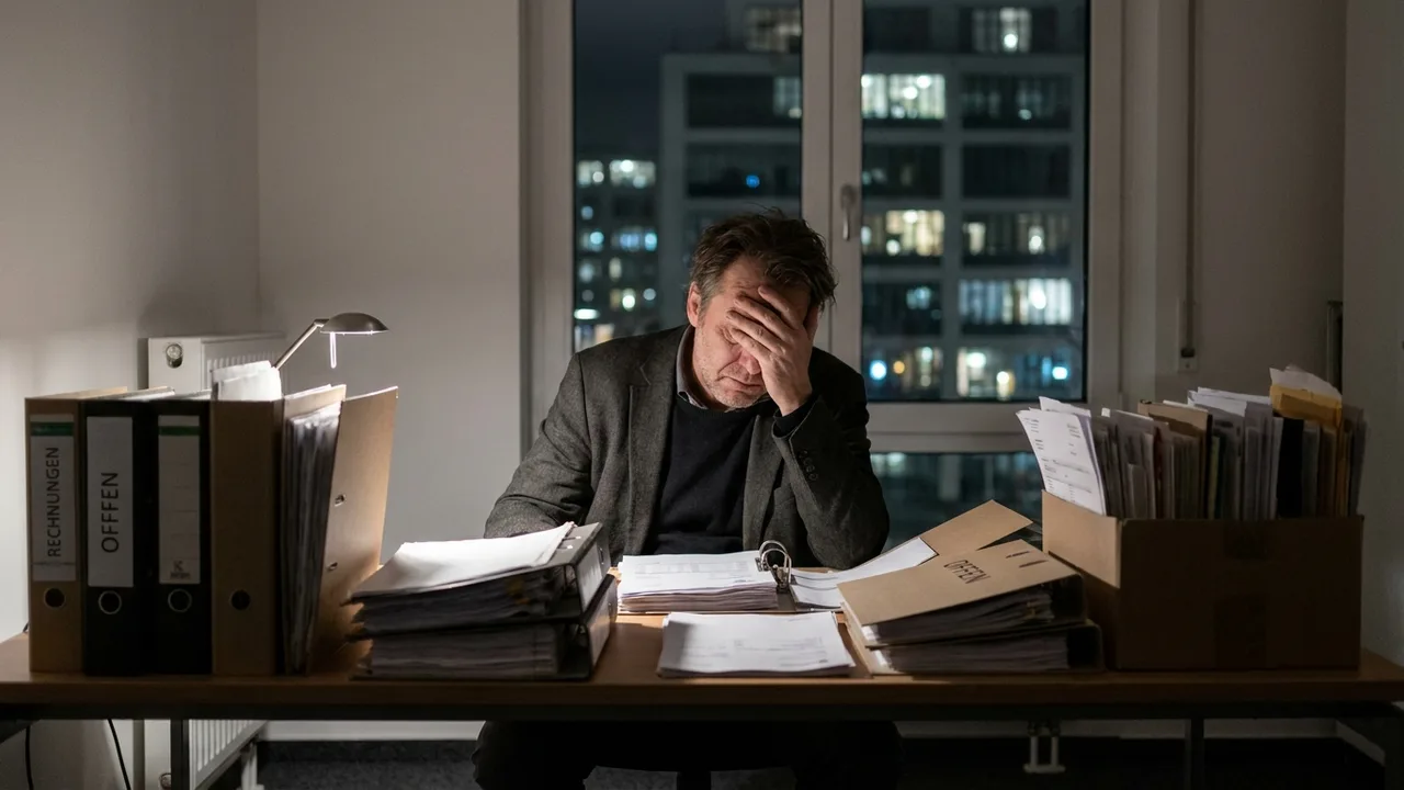 Besorgter Unternehmer sitzt abends allein mit Aktenstapeln im Büro
