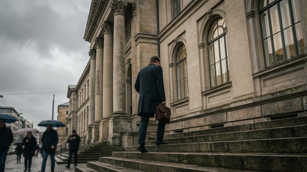 Anwalt mit Aktentasche auf den Stufen eines deutschen Gerichtsgebäudes