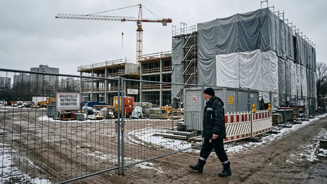 Ein Wachmann geht an einer verlassenen Baustelle mit stillstehendem Kran und verhülltem Gerüst vorbei.