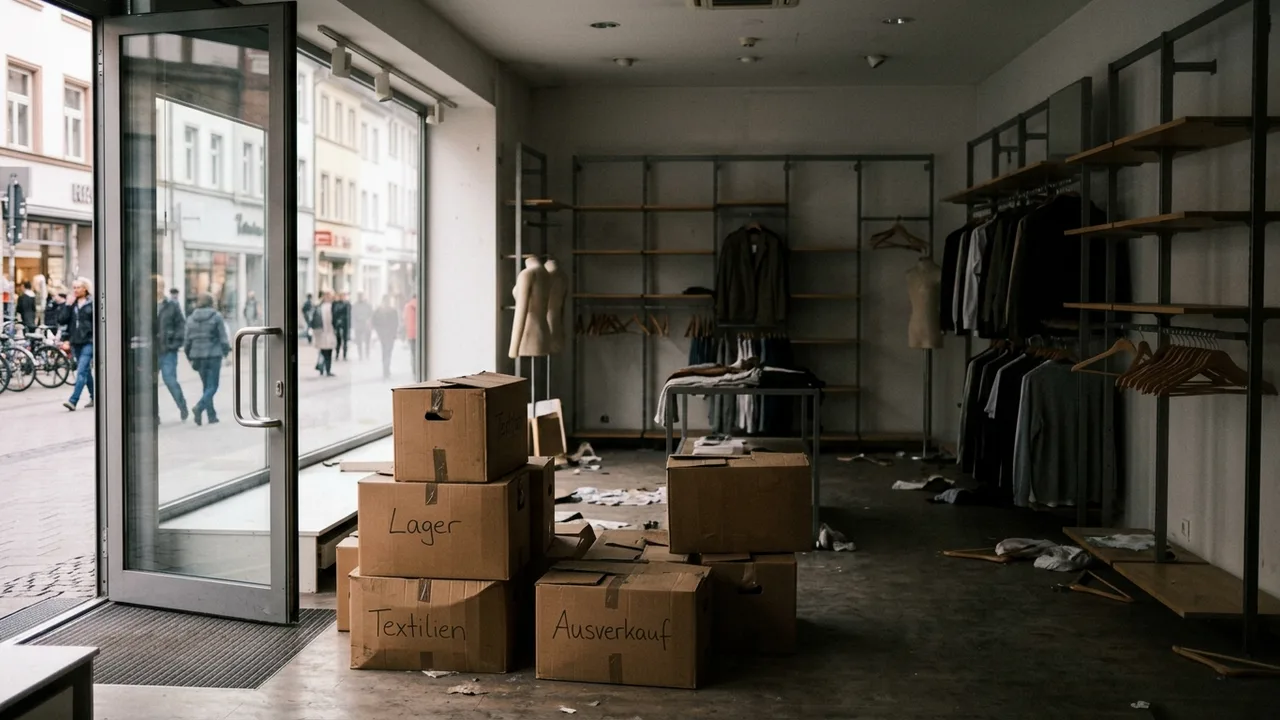 In einem geräumten Ladenlokal stehen Kartons zwischen halbleeren Regalen, Licht fällt durch das Schaufenster.