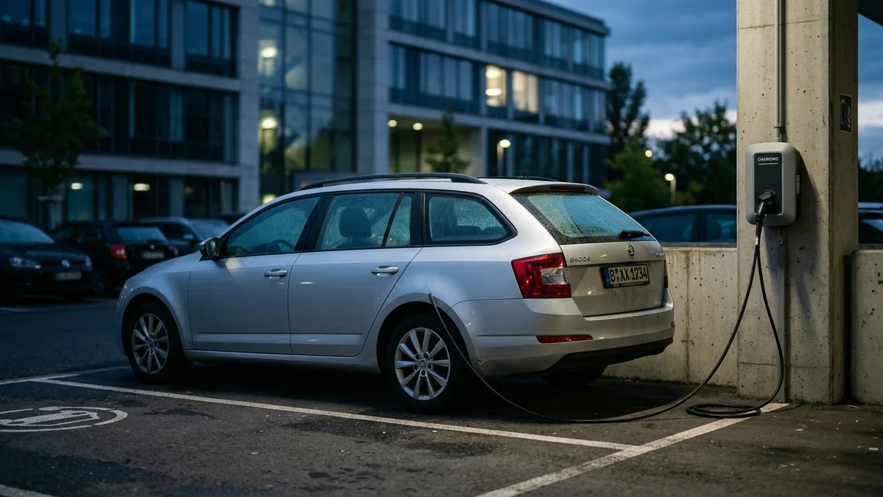 Ein Firmenwagen mit E-Auto-Ladekabel an einer Wallbox im Morgenlicht.
