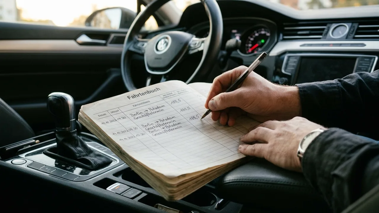 Eine Hand trägt Fahrten in ein Fahrtenbuch ein, das auf der Mittelkonsole liegt.