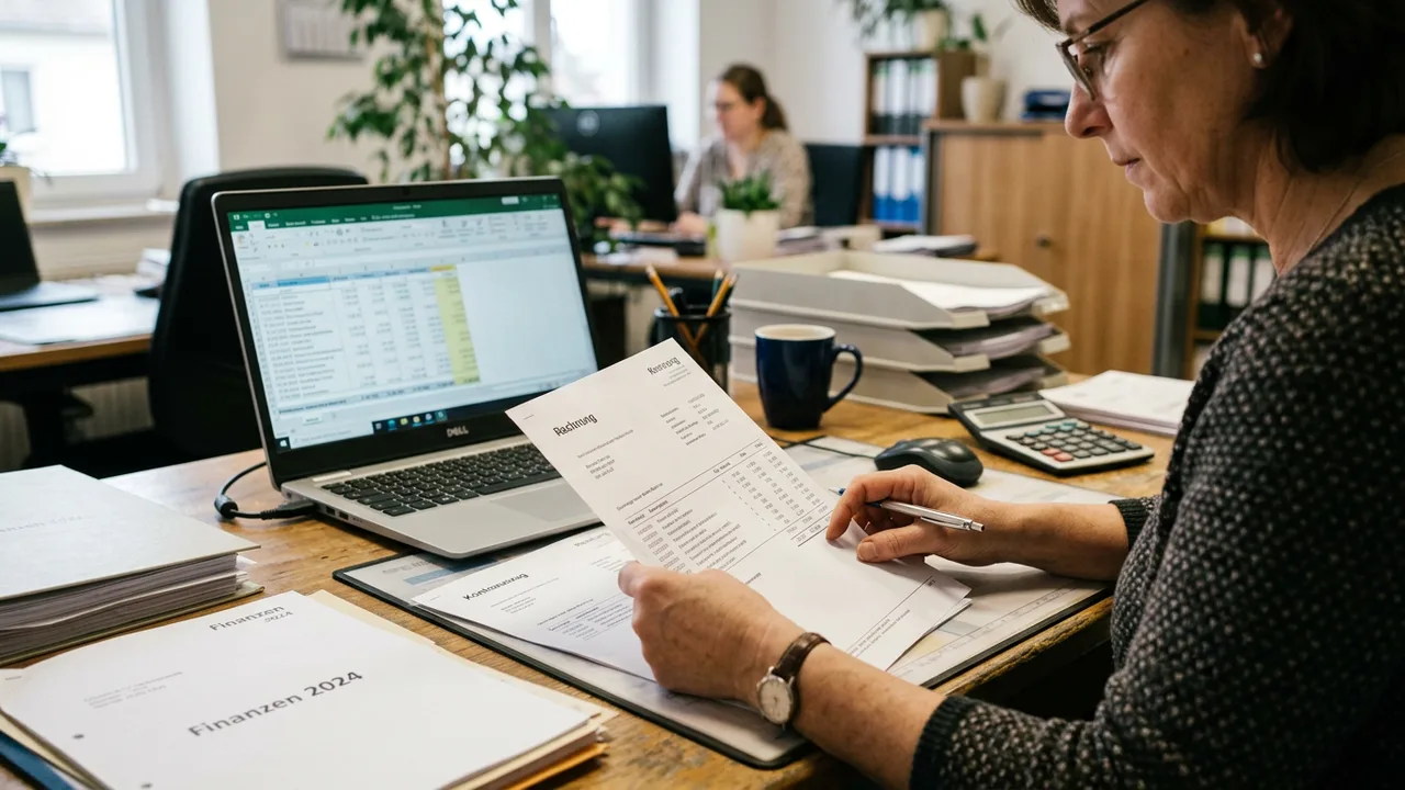 Mitarbeiter prüft Rechnungen und Zahlungseingänge an einem Büroschreibtisch in einem mittelständischen Unternehmen.