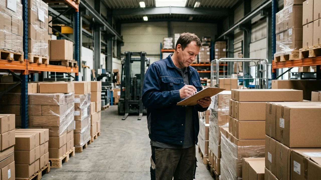 Mitarbeiter kontrolliert einen Lieferschein neben Warenpaletten in einer mittelständischen Produktionshalle.