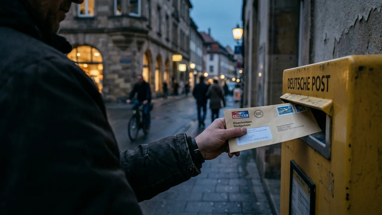 Eine Hand wirft einen Einschreibebrief in einen Postbriefkasten.