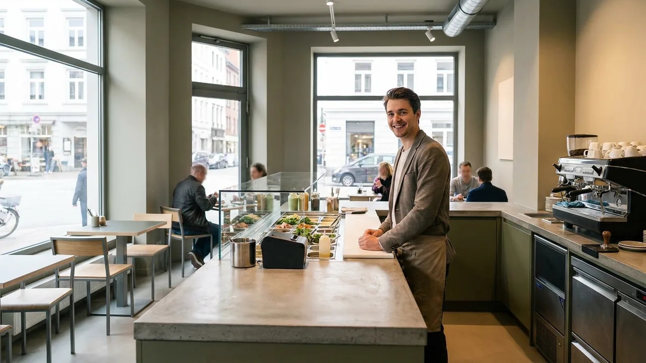 Junger Gründer hinter dem Tresen seines neu eröffneten Schnellrestaurants