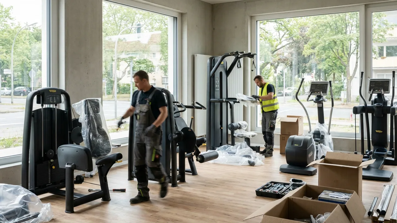 Zwei Arbeiter richten Geräte in einem neuen Fitnessstudio ein