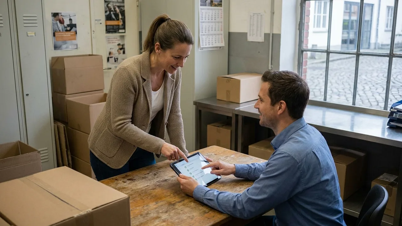 Trainer erklärt einem neuen Partner Abläufe am Tablet im Lager eines Geschäfts
