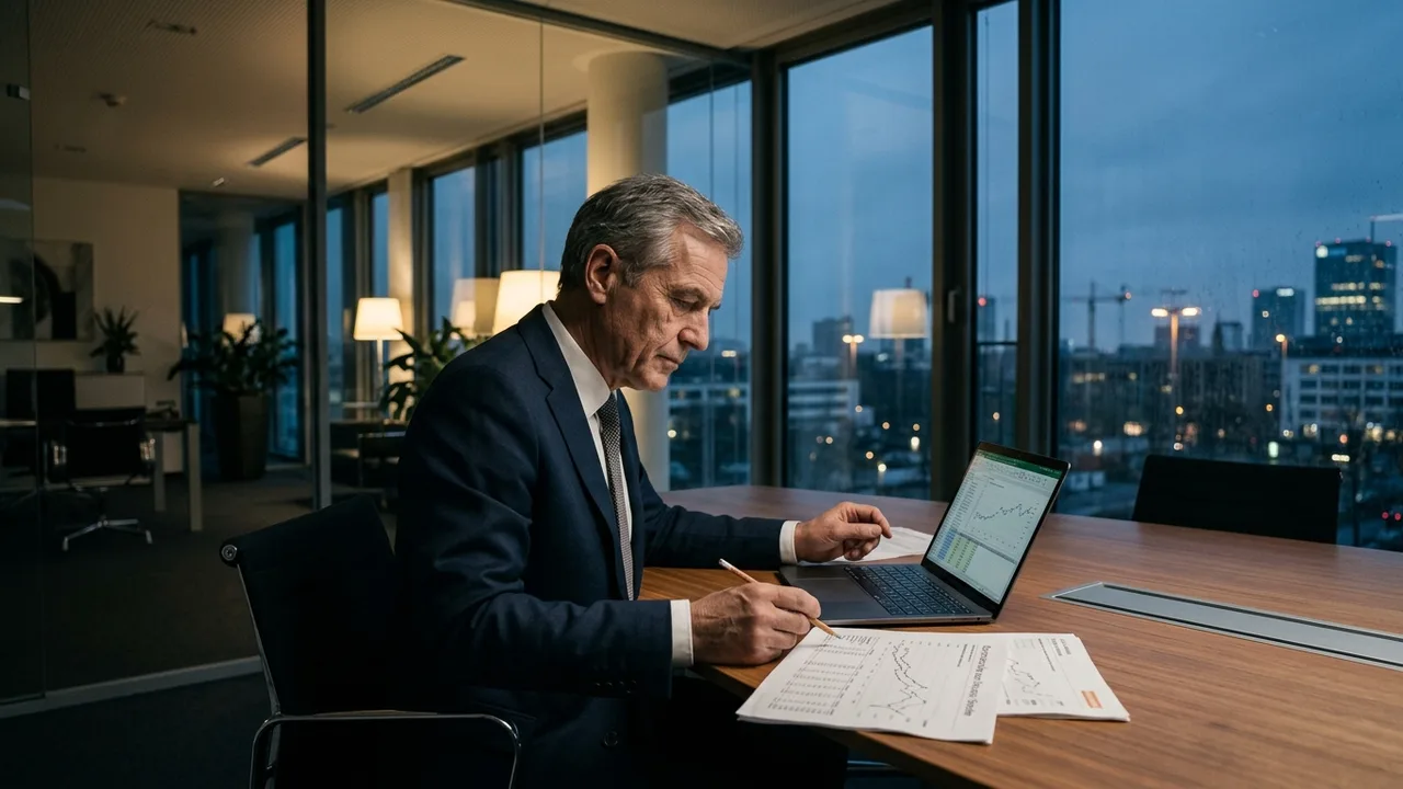 Geschäftsführer sitzt abends allein am Konferenztisch und prüft Finanzberichte und Kennzahlen auf dem Laptop