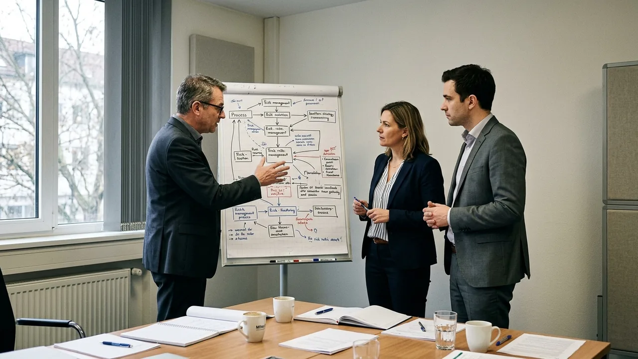 Führungsteam bespricht in einem Besprechungsraum den Aufbau eines internen Risikofrüherkennungsprozesses
