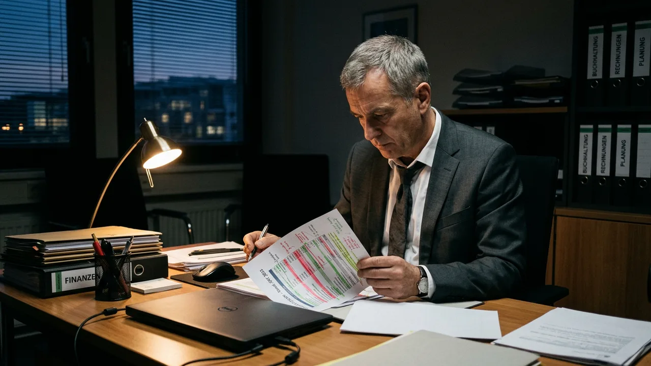 Geschäftsführer prüft abends allein einen ausgedruckten Liquiditätsplan mit Markierungen im Büro.