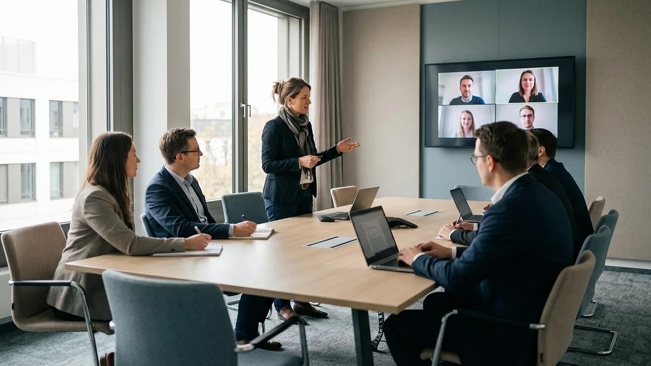 Führungskraft leitet hybrides Meeting mit anwesenden und zugeschalteten Mitarbeitenden