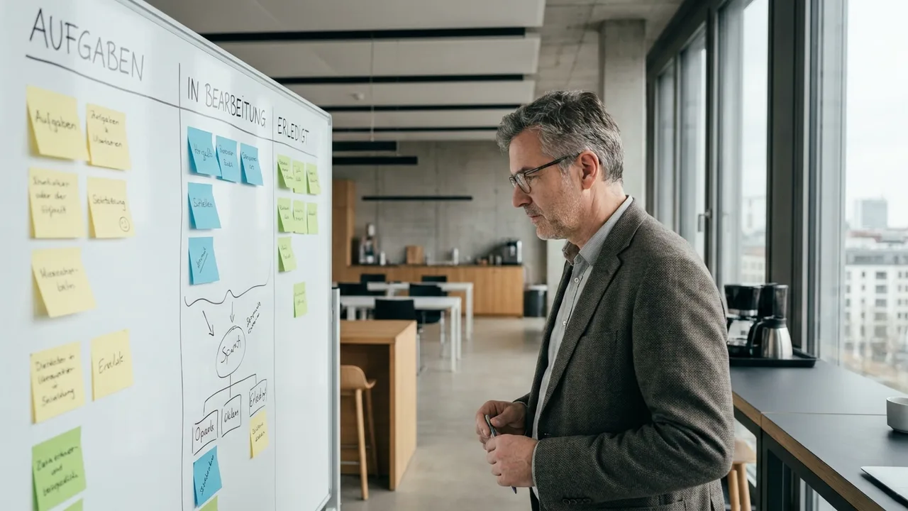 Manager prüft Aufgabenboard mit Projektstatus im Büro