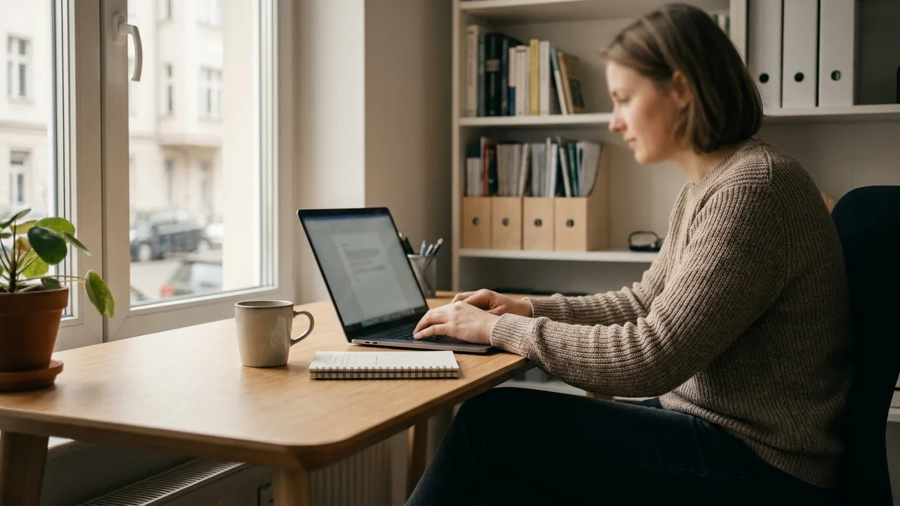 Mitarbeiterin arbeitet konzentriert im Homeoffice am Laptop