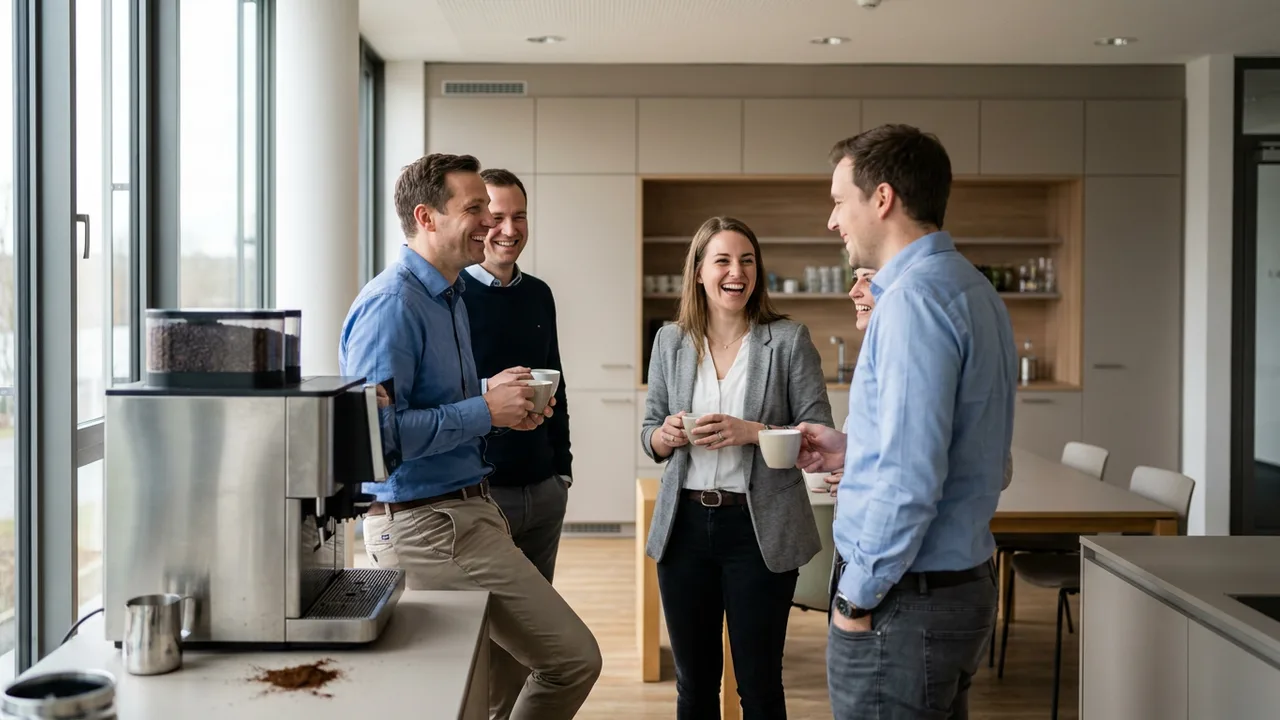 Kollegen im informellen Austausch an der Kaffeemaschine im Büro
