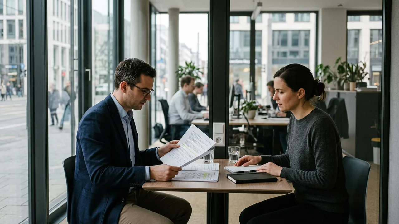 Zwei Personen sitzen sich in einem verglasten Besprechungsraum gegenüber, eine hält ausgedruckte Unterlagen.