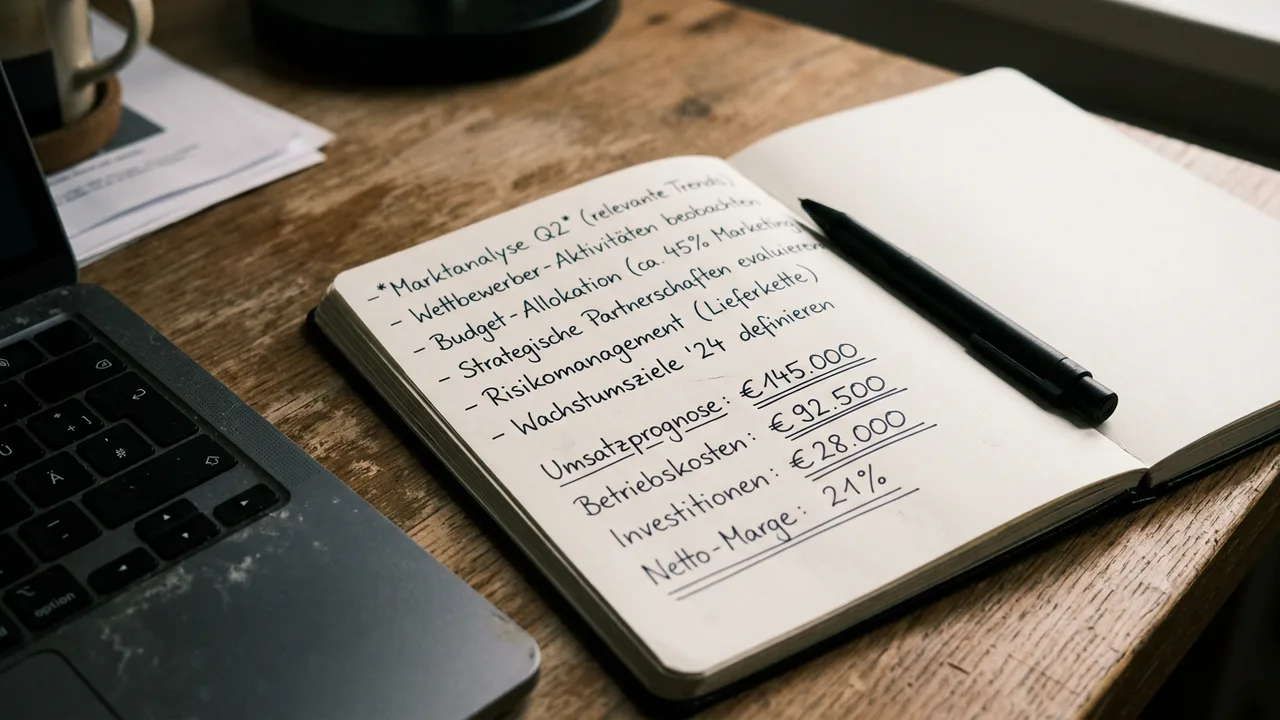 Ein Notizbuch mit handschriftlichen Stichpunkten liegt aufgeschlagen neben einem Laptop.