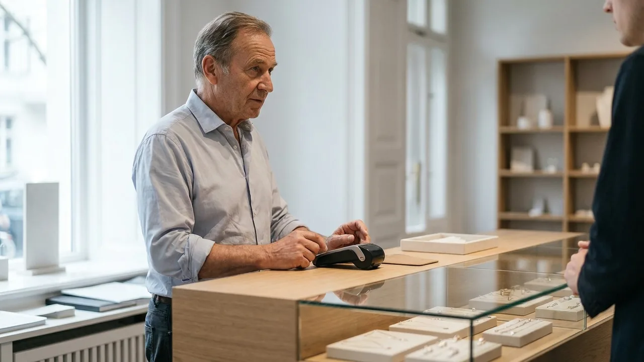 Juwelier an der Ladentheke mit Kartenterminal