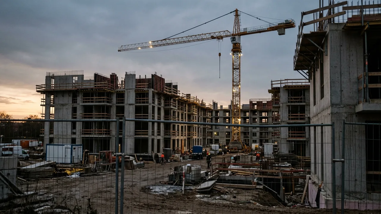 Rohbau einer Wohnanlage mit Baukran bei Dämmerlicht, im Vordergrund ein Bauzaun