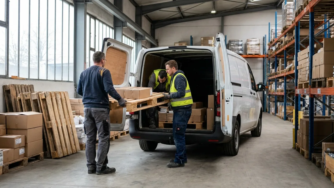 Handwerker beladen einen Transporter am Lager einer Einkaufsgenossenschaft