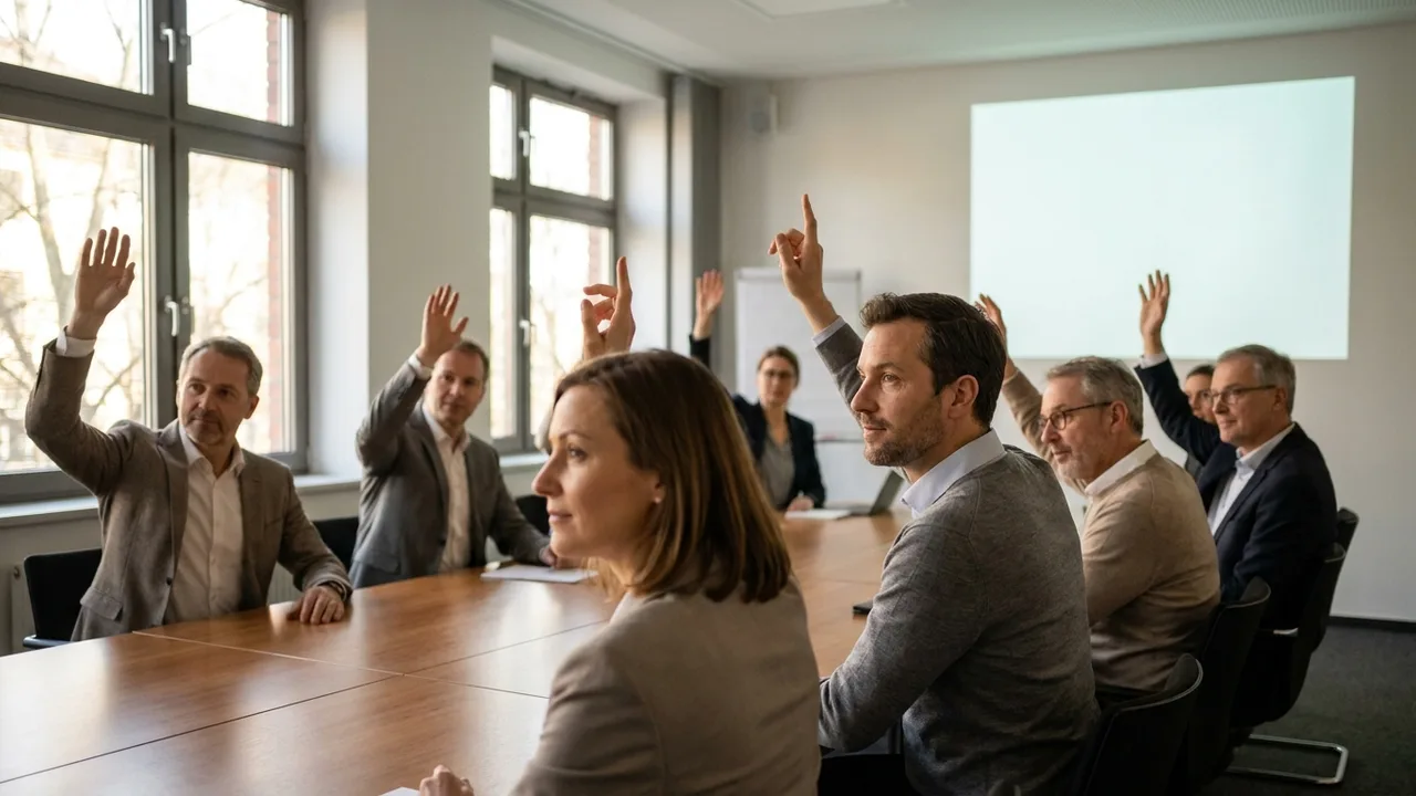Mitglieder stimmen bei einer Generalversammlung per Handzeichen ab