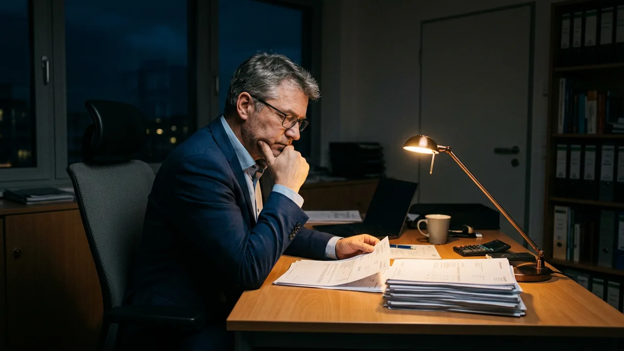 Geschäftsführer sitzt abends allein im Büro über Kontoauszügen und Rechnungen.