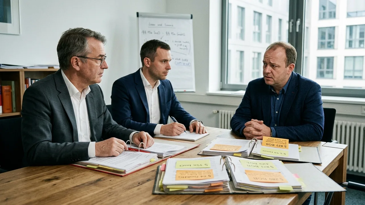 Zwei Anwälte besprechen mit einem Firmeninhaber Aktenordner am Konferenztisch.