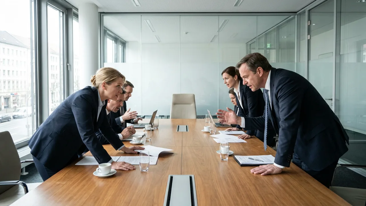 Gesellschafterrunde am Konferenztisch mit leerem Stuhl am Kopfende