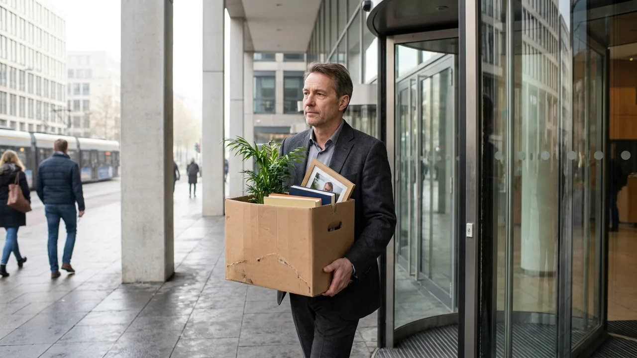 Führungskraft verlässt mit Kartons ein Bürogebäude