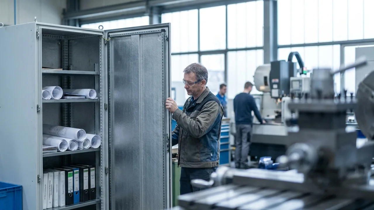 Ingenieur verschließt einen gesicherten Schrank mit technischen Zeichnungen