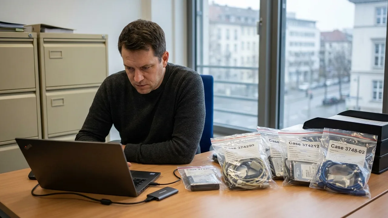 IT-Forensiker untersucht Laptop und Datenträger am Schreibtisch