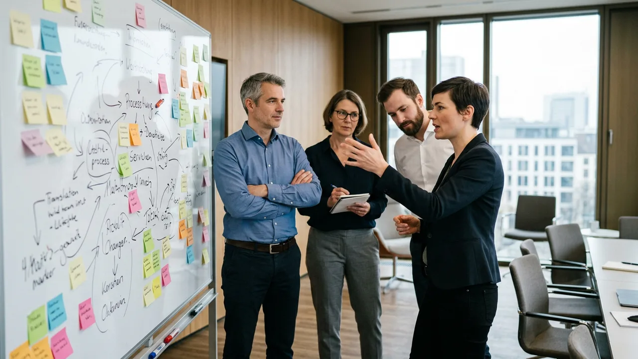 Ein Führungsteam diskutiert vor einem mit Notizzetteln beklebten Whiteboard.