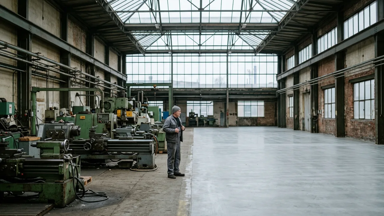 Eine Fabrikhalle, halb mit alten Maschinen, halb bereits leergeräumt für Neues.