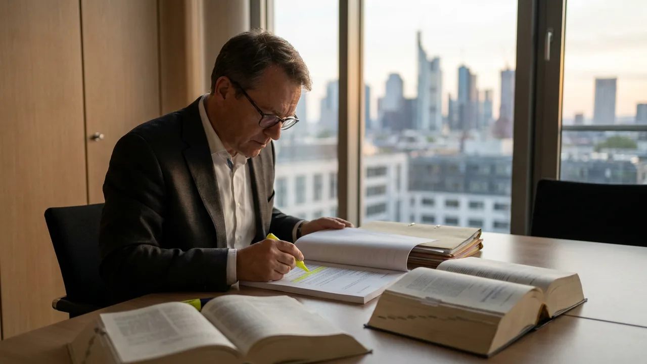 Anwältin prüft ein Versammlungsprotokoll mit Textmarker