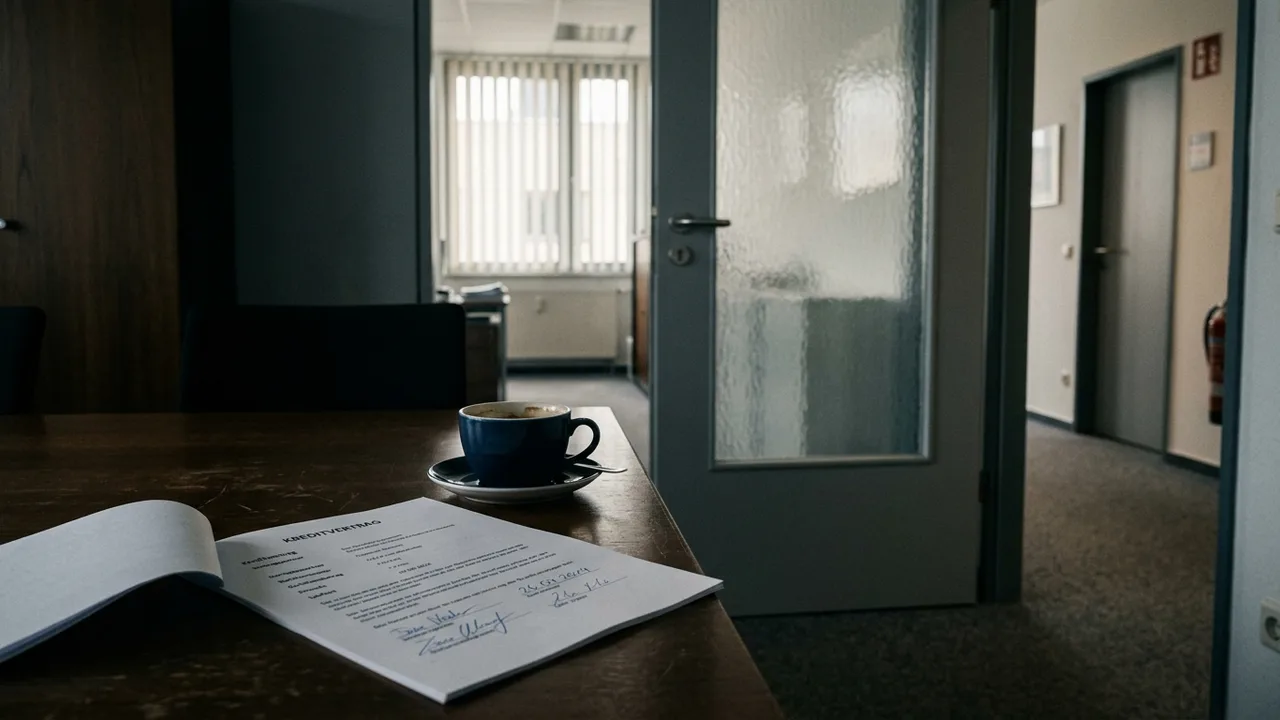 Verlassenes Besprechungszimmer mit unterschriebenen Vertragsunterlagen auf dem Tisch, gedämpftes Licht durch Jalousien.